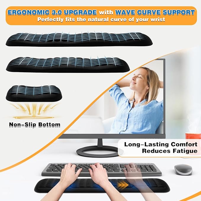 UnivoColors Memory Foam Keyboard Wrist Rest,Latest 3.0 Wave Curve Design,High-Resilience Memory Foam,Non-Slip Base Fits,Full-Sized Keyboards,Ideal for Work and Gaming(Black)