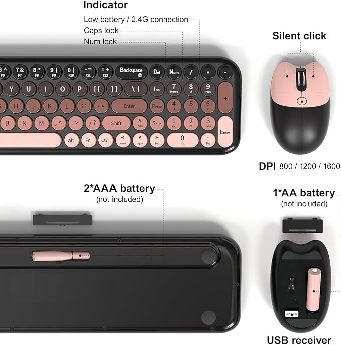 Wireless Keyboard and Mouse Combo, MOWUX Compact Typewriter Retro Round Computer Keyboard, Cute Optical Mouse Wireless, Plug and Play, for Laptop, PC, Computer- BlackBerry Gradient