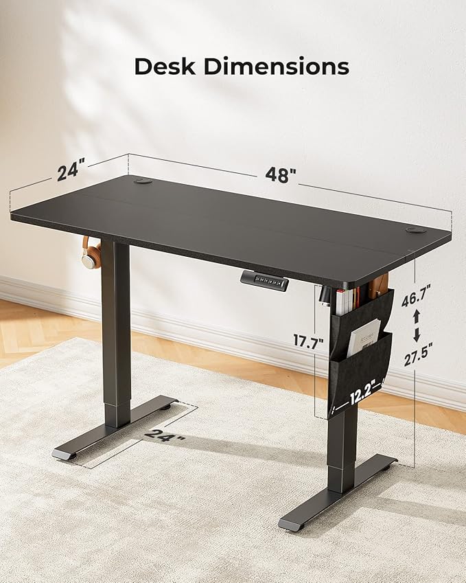 Marsail Electric Standing Desk Adjustable Height 48x24 inch Stand up Desk with Storage Bag & Headphone Hook, Memory Preset, Home Office Computer Workstation