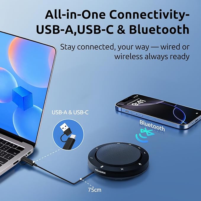 Bluetooth Speakerphone for Conference Calls – AI Noise Reduction, 2 Mics, 5W Speaker, USB-C & USB-A Adapter, 10-14H Playtime, Compatible with Zoom/Teams/Skype/Meet
