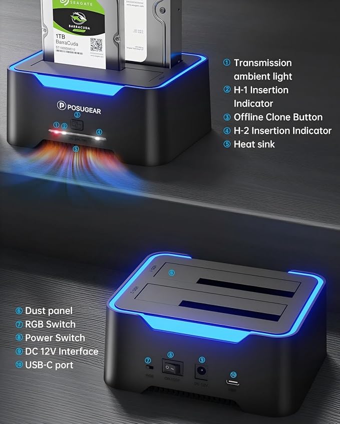 POSUGEAR External Hard Drive Docking Station, RGB Hard Drive Dock for 2.5/3.5 inch SATA HDD SSD, HDD Docking Station with 2 x 20TB Dual Bay, USB 3.0 Hard Drive Reader, Support Offline Clone and UASP