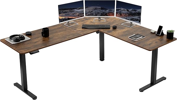 VIVO Corner Standing Desk, 75 x 63 inch Reversible L-Shaped Workstation, Electric Height Adjustment, Home, Office, and Reception Rooms, Rustic Vintage Brown Table Top Black Frame, DESK-E3CTN-75