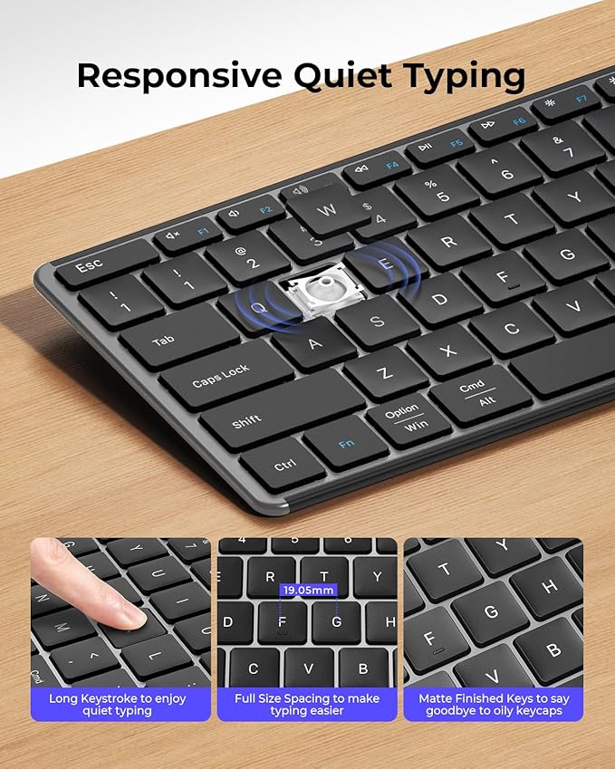 seenda Wireless Bluetooth Keyboard and Mouse Combo, SKM64-3 Rechargeable Slim Quiet Keyboard Mouse, 3 Multi-Device Connection, Compatible for Windows, Mac, MacBook, iPad, Tablet, Black Gray