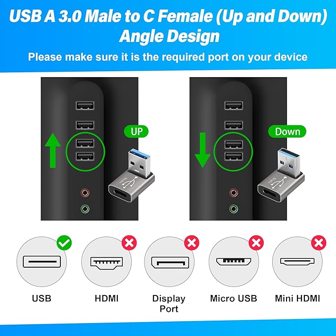 90 Degree USB to USB C Adapter 4 Pack, Up and Down Right Angle USB C Female to A Male Charger Connector Converter USB L Shape Extender, Support Charge & Data Sync for PC, Laptop, Mouse, Keyboard