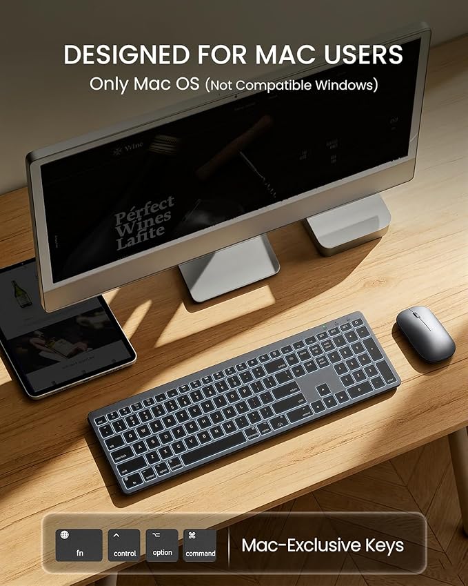 SABLUTE Bluetooth Keyboard and Mouse for Mac — 7-Color Backlit, Multi-Device, Rechargeable, KMA1pro Full-Size Wireless Keyboard Mouse Combo with Quiet Scissor-Switch Keys for Mac (Space Gray)