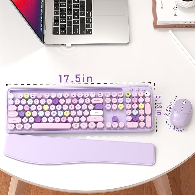 Colorful Wireless Computer Keyboard and Mouse Combo with Phone Holder, Wrist Rest, Typewriter Keys, 2.4GHz Wireless, Full-Sized Optical Mouse for PC and Laptop (Purple)