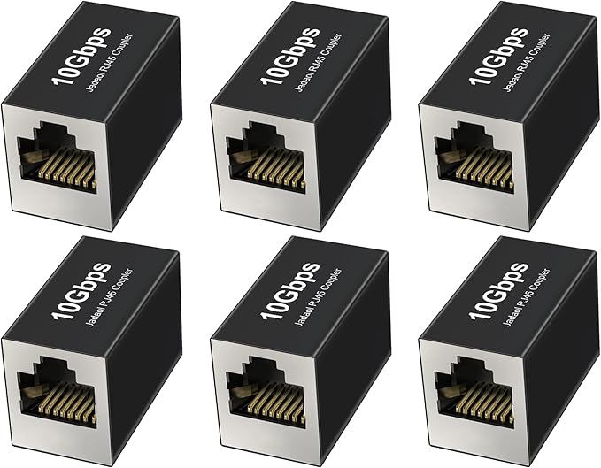 Jadaol [UL Listed] RJ45 Coupler 10Gbps Shielded, Gold-Plated Contacts, Aluminum Alloy Inline Ethernet Extender, PoE Supported Female-to-Female Adapter for Cat8/Cat7/Cat6a/Cat6 Cables, 6-Pack Black