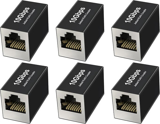 Jadaol [UL Listed] RJ45 Coupler 10Gbps Shielded, Gold-Plated Contacts, Aluminum Alloy Inline Ethernet Extender, PoE Supported Female-to-Female Adapter for Cat8/Cat7/Cat6a/Cat6 Cables, 6-Pack Black