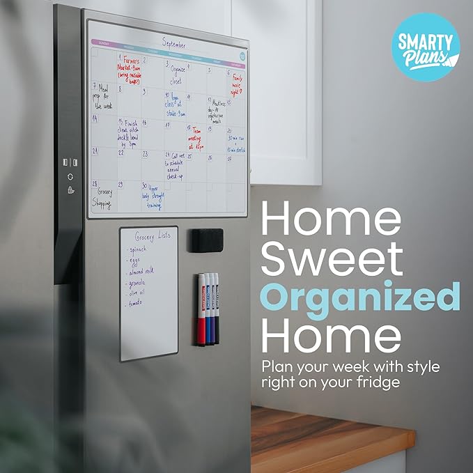 Dry Erase Weekly Extra Thick Magnetic Calendar for Refrigerator: 17x13 Two Week Planner and 6x9 White Board, 4 Fine Tip Markers and Eraser. Stain Resistant. Shipped Flat. (Monthly Planner)