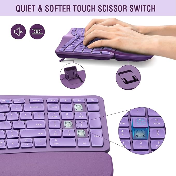 MK960 Ergonomic Wireless Keyboard Mouse Combo, Bluetooth/2.4G Split Design Keyboard with Palm Rest and 4 Level DPI Adjustable Wireless Mouse Multi-Device, Rechargeable, for Windows/Mac/Android(Purple)