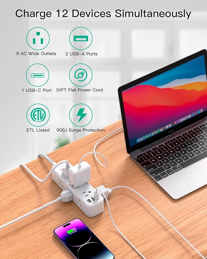 Mifaso Extension Cord, Surge Protector Power Strip, Long Power Strip with 9 Outlets 3 USB Ports, Extension Cord with Multiple Outlets, USB Power Strip for Dorm Room Essentials, College(10FT, White)
