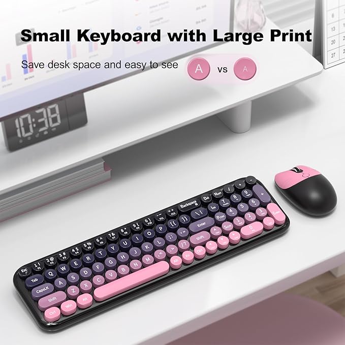 Wireless Keyboard and Mouse Combo, Portable Retro Keyboard with Compact Size, 2 in 1 USB Connected Mouse for Windows 7/8/10, Laptop, Desktop, PC, Computer (Berry Pink)