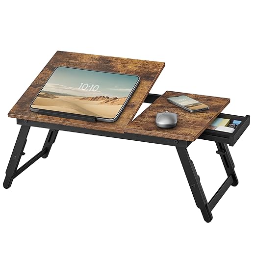 SONGMICS Bed Laptop Desk, Folding Bed Tray for Laptop up to 15.6 Inches, Adjustable Angle and Height, Portable for Working Reading Writing Breakfast, Bamboo Legs, Drawer, Rustic Brown ULLD105B01