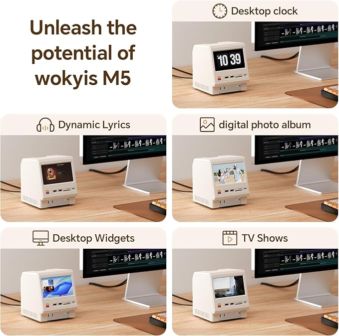 M5 Retro Dock Station for Mac mini M4 Pro, 80Gbps M.2 NVMe SSD Enclosure with Cooling Fan, Compatible for Thunderbolt 5/4/3/USB 4, 5'inch HD Display, SD/Micro SD Reader 4.0, 8K@60Hz Displayport
