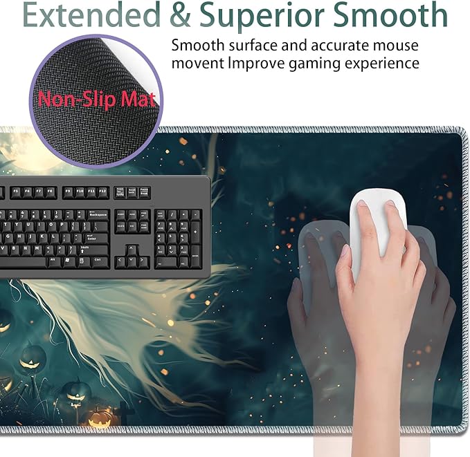 Large Gaming Mouse Pad + Keyboard Wrist Rest + Wrist Support + Coaster Set, Memory Foam Ergonomic for Easy Typing, XXL Extended Gaming Mouse Pad Table Pad - Halloween Ghost
