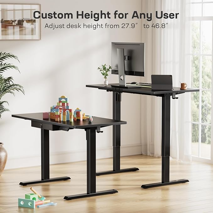 Marsail 48x24 Electric Standing Desk with Drawer, Computer Desk, Sit Stand Office Table with Storage & Hooks & Cable Management, Ergonomic Height Adjustable Table for Home Office, Black