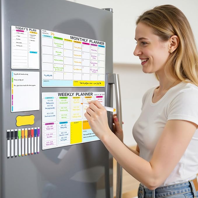 4 Pack Dry Erase Calendar for Fridge, 16.5 x 12 Monthly & Weekly & Daily Chore Chart, Planning Whiteboard with 10 Markers and Eraser, Use for Refrigerator Wall Door- Shopping, Meal/Menu, to Do List