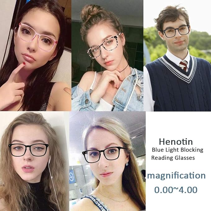 Henotin 4-Pack Blue Light Blocking Reading Glasses Women Men,Spring Hinge Computer Readers,Anti UV Ray Square Nerd Eyeglasses (Mixed Color, 0.75, Diopters)