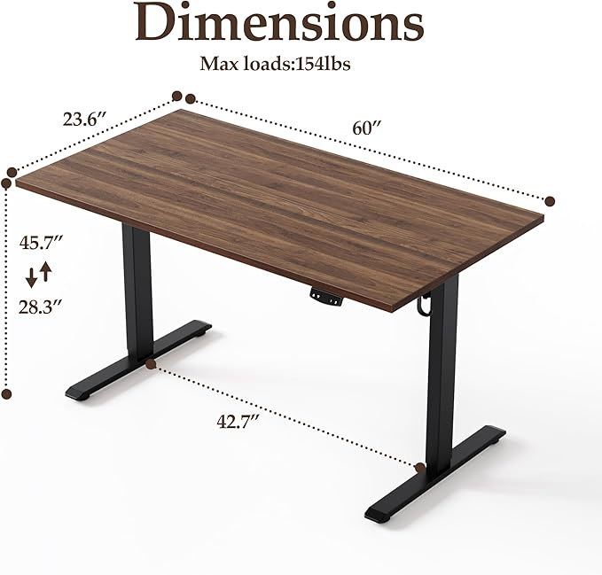 Klicelor 60 Inch Large Electric Standing Desk, Height Adjustable Office Desk, Sit Stand Up Computer Gaming Desk with Memory Preset, Two-Piece Desktop, Dark Walnut