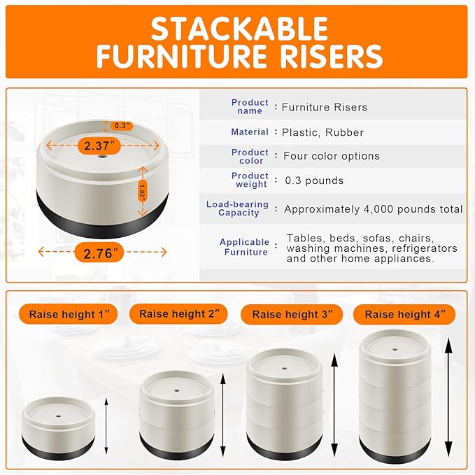 Furniture Risers Bed Risers Heavy Duty 1 inch, 2 inch, 3 inch, 4 inch Round Adjustable Bed Lifts Riser for Desk Legs Table Couch Sofa Chair Refrigerator Washing Machine (1 Inch, White, 6 Pack )