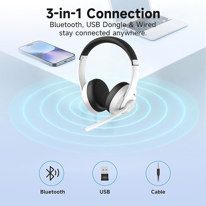 AOC Wireless Headset with Mic for Work with Noise Cancelling Mic for Clear Calls, 30H Playtime PC Bluetooth Headphones and Multipoint Connect to Laptop Computer and Mobile, Wired or USB Dongle- White