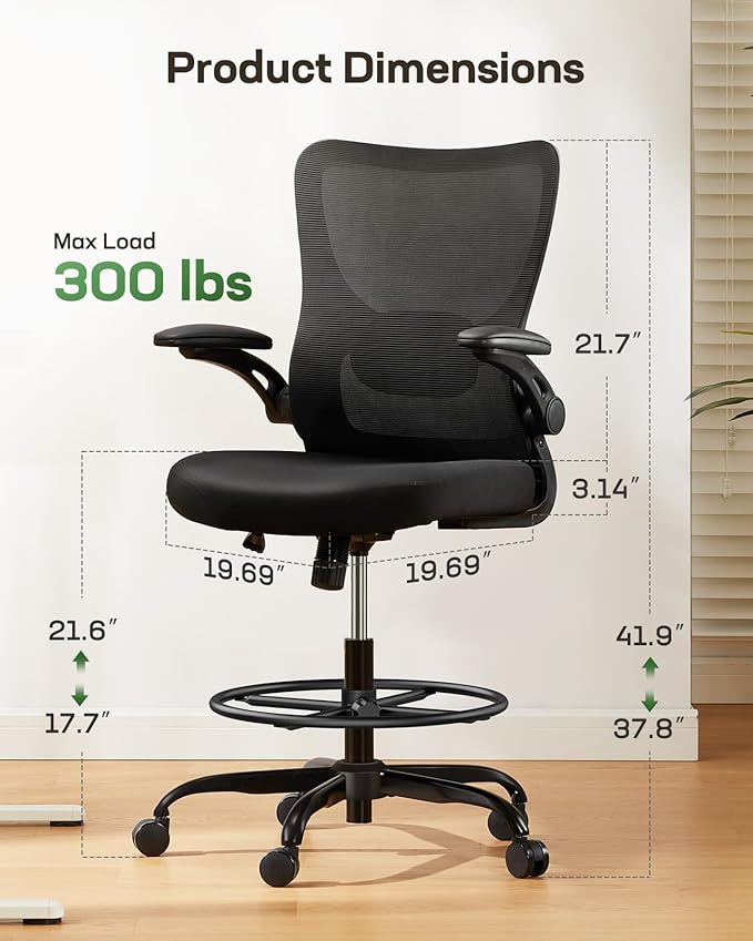 Marsail Drafting Chair, Tall Office Chair with 2D Lumbar Support, Standing Desk Chair,High Office Chair with Padded Flip-Up Armrests & Adjustable Footrest Ring, Dark