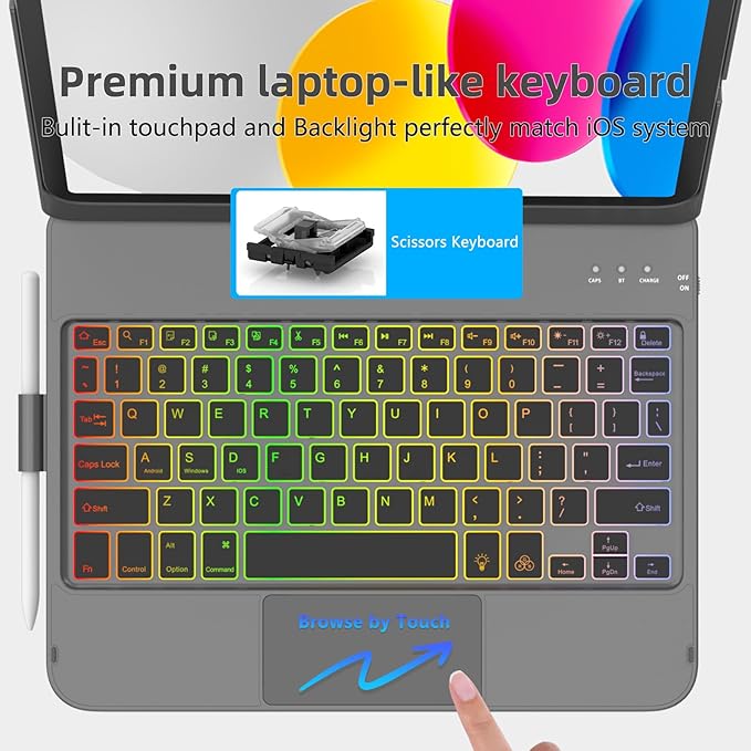 HOTLIFE for iPad A16 11th Generation/10th Generation Case with Keyboard,Touch Keyboard for iPad 11" /10th Gen 10.9 inch 2022-10 Color Backlight, 360° Rotatable Protective Cover (Titanium Gold Grey)