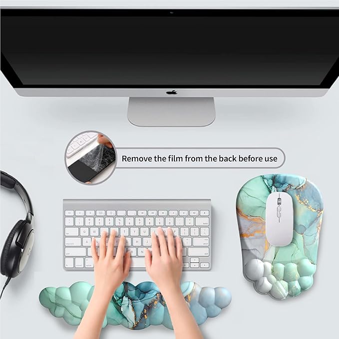 Ergonomic 2 in 1 Cloud Mouse Pad and Keyboard Wrist Rest, Non-Slip, Relieves Wrist Pain - Blue Marble
