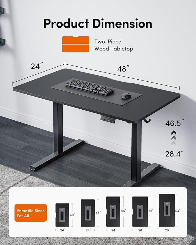 FEZIBO 48 x 24 Inchs Electric Standing Desk, Height Adjustable, Sit Stand Up, Computer Office Desk with Splice Board, Black Frame/Black Top