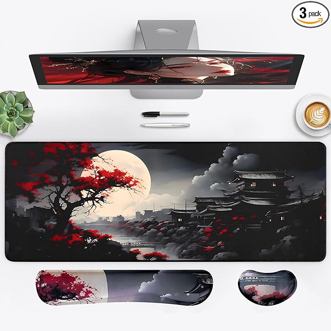 3-in-1 Large Gaming Mouse Pad Set, Anime Mouse Pad with Wrist Rest, Large Mousepads for Keyboard and Mouse with Non-Slip Rubber Base,Suitable for Office,Home,31.5 x 11.8 Inch