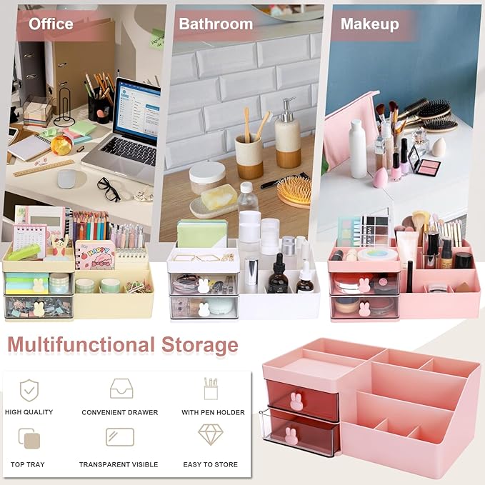 Desk Organizer, Makeup Organizer with 2 Drawers, 7 Compartment & a Top Tray, Desktop Organizers and Storage for Women, Cute Home organization Bathroom, 11" x 5.7" x 4.7" (Pink)
