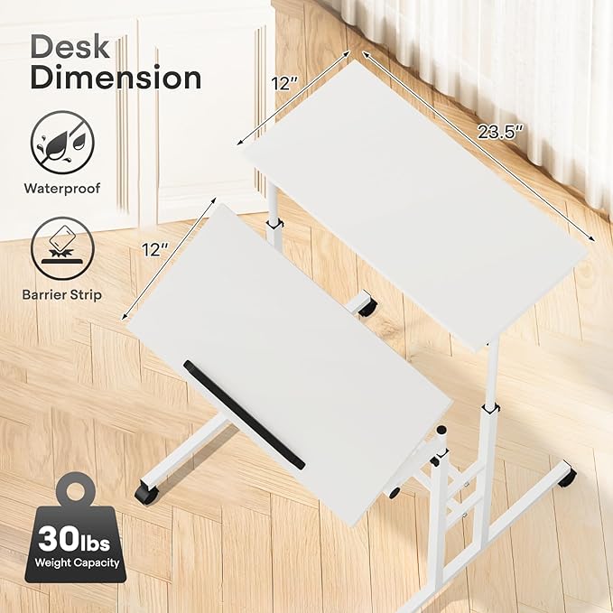Athena Collection Height Adjustable Rolling Desk Mobile Portable Laptop Stand Cart Small Sit Standing Desk Computer Table Workstation for Home Office, White