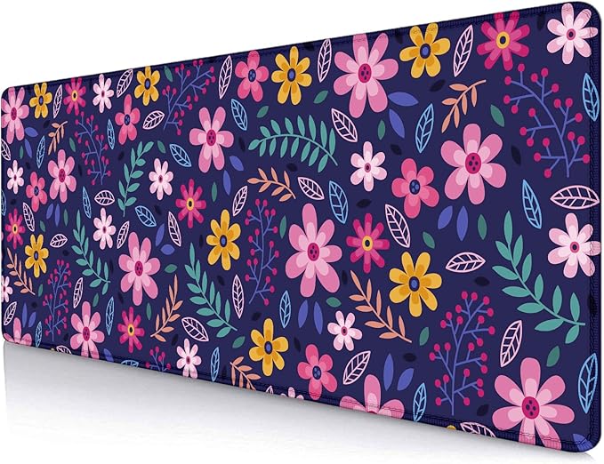 Purple Pink Flowers Desk Mat, Daisy Floral Extended Large Gaming Mouse Pad, Non Slip Rubber Base Stitched Edge Desktop Desk Pad for Computer, Christmas and Thanksgiving Gifts, 31.5 x 11.8 in