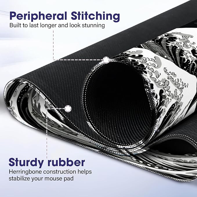 LifeWarrantly Japanese Sea Wave Large Gaming Mouse Pad – 31.5" x 15.7" Full Desk Mat, Non-Slip Rubber Base, Waterproof, Stitched Edges, Durable Surface for Esports, Office, Home