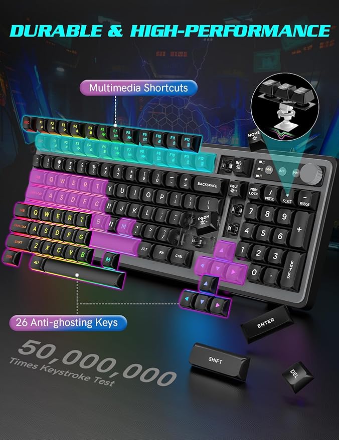 Gaming Keyboard and Mouse Combo - RGB Backlit 14 Lighting Effects, USB Wired Computer Keyboard, 26-Key Anti-Ghosting, Volume Wheel, Quiet Typing, Adjustable DPI Mouse for Gaming & Work, Trueque