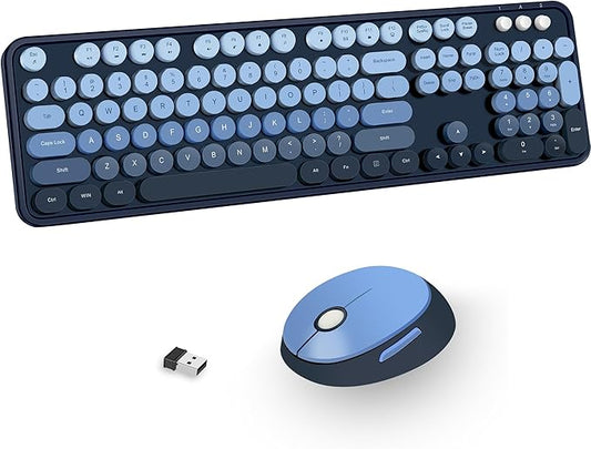Kootop Wireless Keyboard and Mouse Combo, Cute Colorful 104 Keys Typewriter Retro Round Keycaps Keyboard for PC Laptop,Desktop,Windows, Home and Office Keyboards(Blue)