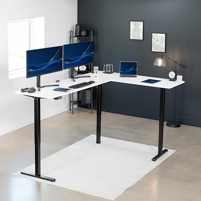 VIVO Corner Standing Desk, 84 x 63 inch Reversible L-Shaped Workstation, Electric Height Adjustment, Home, Office, and Reception Rooms, White Table Top Black Frame, DESK-E3CTBW-84