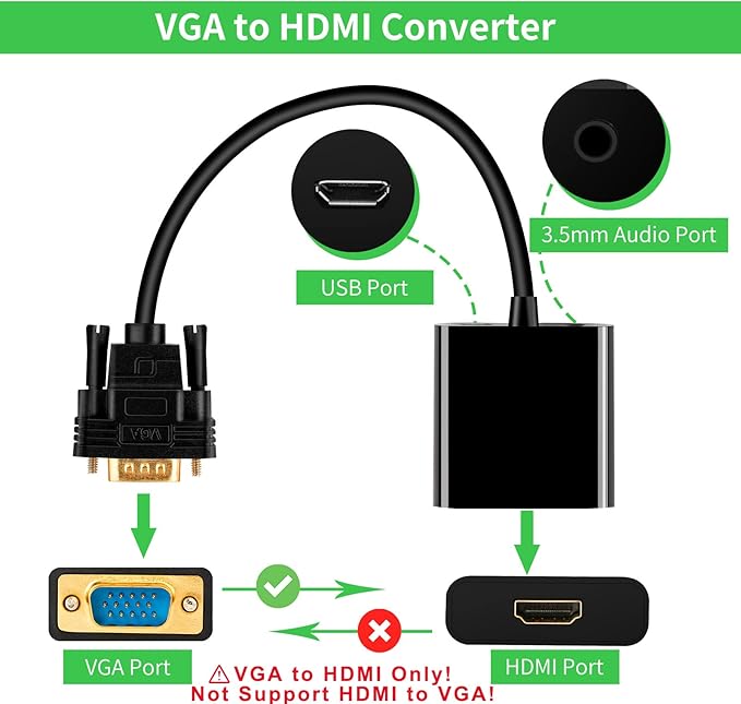 Herfair VGA to HDMI Adapter 15Pin VGA Male to HDMI Female Converter for Computer, Desktop, Laptop, PC, Monitor, Projector, HDTV with Audio Cable and USB Power Cable (One Way Transmit)