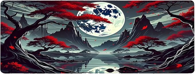Japanese Dark Red Moon Desk Mat Large Gaming Mouse Pad Dark Red Moon Extended Mousepad Big in Laptop Computer Mouse Keyboard Mat for Office Desk Decor 31.5x12 in