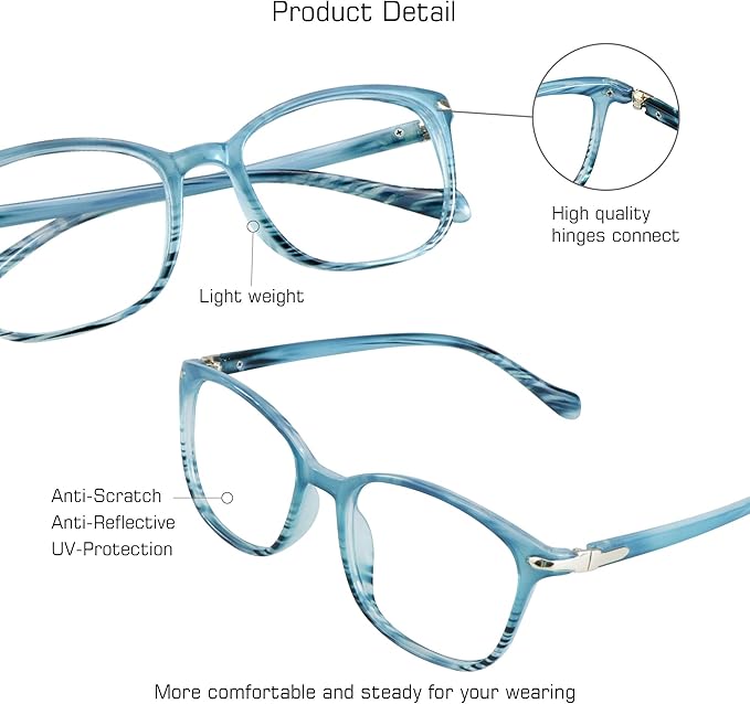 VisionGlobal Blue Light Blocking Glasses for Women Men, Stylish Square Frame(Slate Blue,No Magnification)