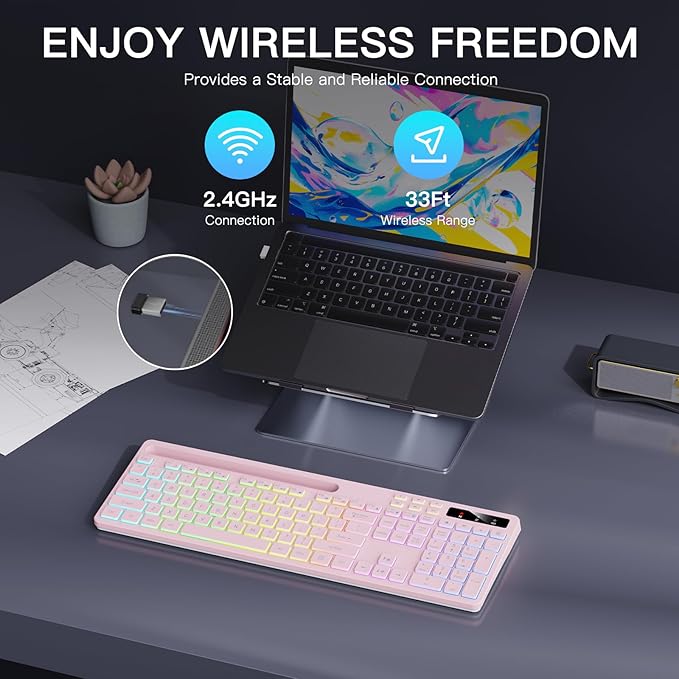 Wireless Keyboard with 7-Color RGB Backlit, Full-Size Computer Keyboard with Phone Tablet Holder, 2.4G Rechargeable Gaming Keyboard with Light Up Keys, Compatible with Mac, Windows (Pink)