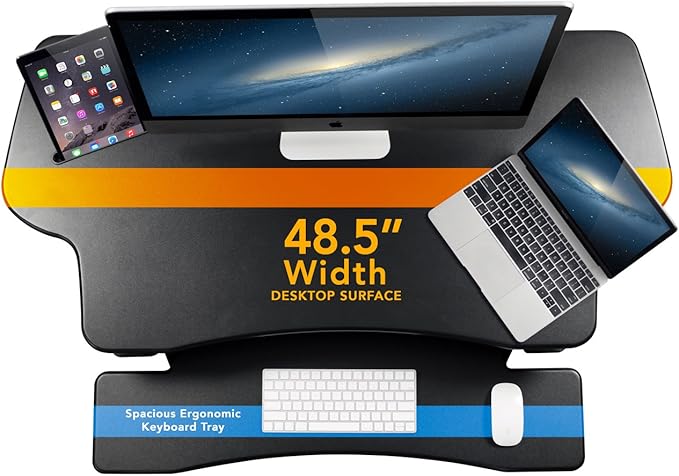 Mount-It! 48.5" Electric Standing Desk Converter for Dual Monitors, Motorized Sit Stand Electric Desk Riser with USB Port & Device Slot, Keyboard Tray, Adjustable Height Ergonomic Workstation, Black