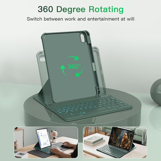for iPad 11th(A16, 2025)/10th Generation Case with Keyboard, 360° Rotatable Case & Detachable Backlit Keyboard, Precision Cutouts and Pen Holder for iPad A16 11''/10th 10.9'', Olive Drab