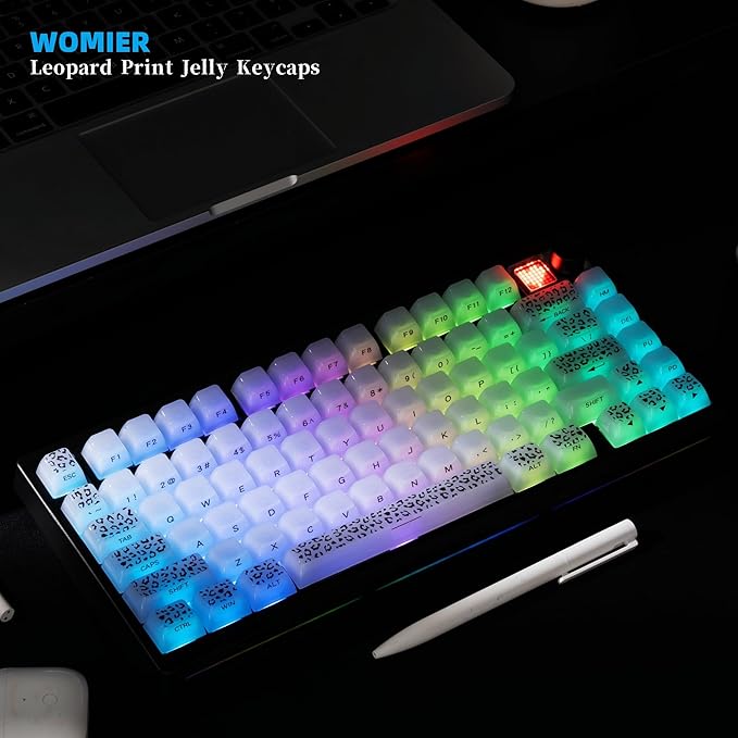 Womier Keyboard Keycaps Jelly, White Ceramic Keycaps Style, Leopard Print Key Cap,Transparent Side Printed Custom 60 65 75 100 Percent for Cherry MX,Gateron Mechanical Keyboards,MDA Profile