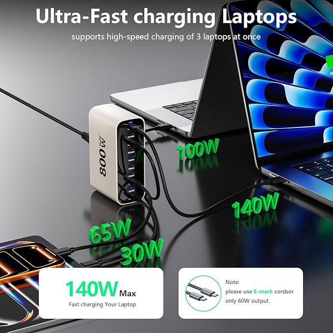 USB C Charging Station 800W, USB Fast Charger Block 10 Ports, Dual 140W PD PPS Charger Multiple Output, PD Power Adapter Compatible with MacBook Pro Dell/iPhone 16/Galaxy/Tablet/Mobile