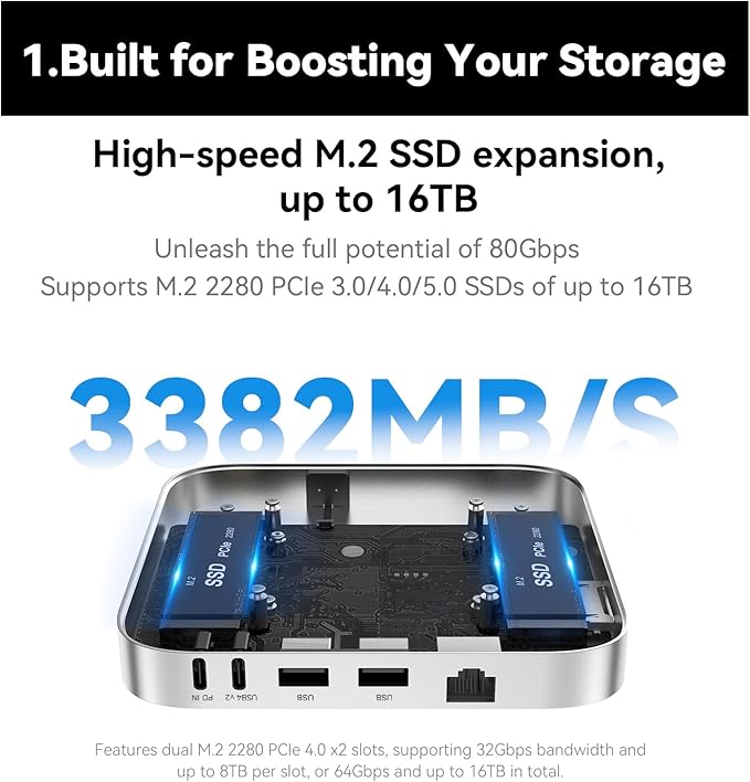 Beelink Mate SE-A Docking Stations for Beelink SER8/SER9 Pro Aluminum Alloy Body + Dual M.2 Slots (up to 2 * 8TB), with USB-C + 2* USB-A 3.0 + 2.5G LAN + SD4.0 + Type-C (PD3.0), Silver
