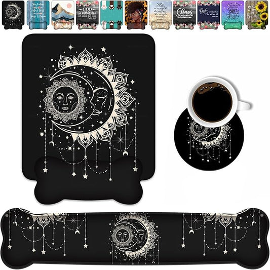 Wrist Rest Support Ergonomic Gel Mouse Pad and Memory Foam Keyboard Set, Non-Slip Rubber PU Base for Home Office Working Studying Easy Typing & Pain Relief, Celestial Theme Sun with Crescent Moon