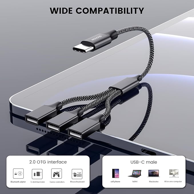USB C Male to Three USB Female Cable Adapter, Type C to 3 Type A 2.0 Port Splitter Dongle Cord Converter Connector Multiple Multi Hub for MacBook, iPad Pro Air, Microsoft Surface Go, PC, Laptop