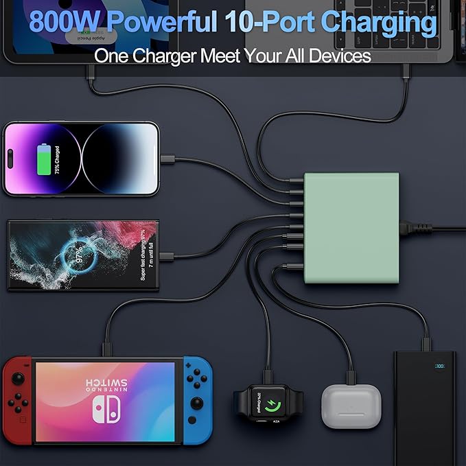 800W USB C Charger Block,10-Port Charging Station GaN Fast Charging Type C & USB A Wall Charger Adapter for MacBook Pro/Air,iPhone,iPad,Dell XPS,Samsung Galaxy(Green)