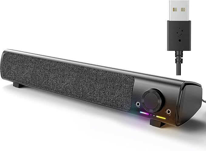 Computer Speakers, USB Powered 3.5mm AUX PC Sound Bar for Desktop Monitor, Gaming Speakers with Headphones & Microphone Link, Superb Stereo Sound, Plug-n-Play (Black)